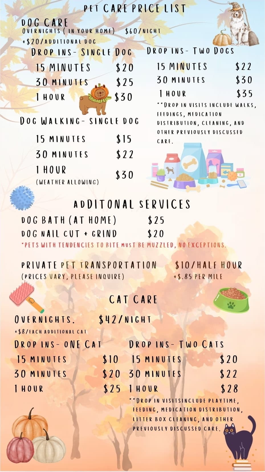 Pet Care Price List — Fall specials, dog & cat care
