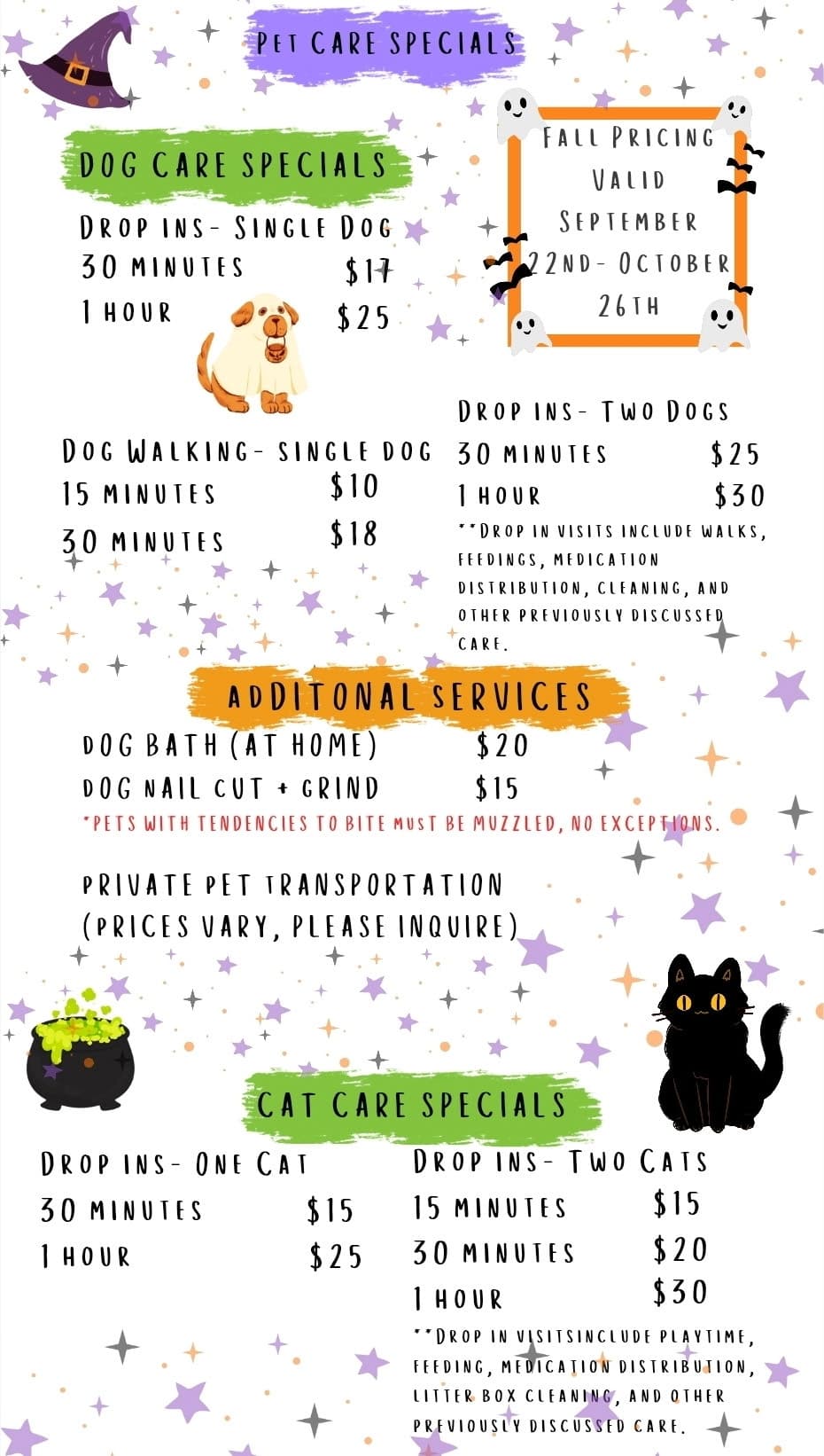 Fall 2025 pricing flyer – dogs & cats