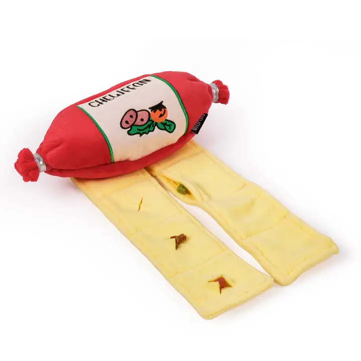 Gift box puzzle toy with crinkle, squeak, and treat-hiding features