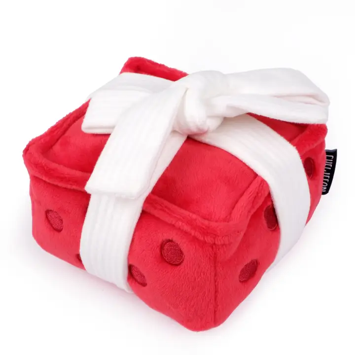 Gift box puzzle toy with crinkle, squeak, and treat-hiding features