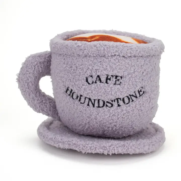 Cappuccino and saucer plush dog toy with squeaker